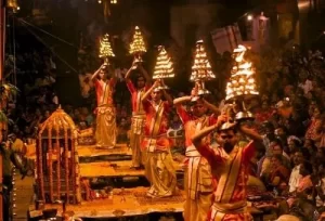 The grand evening Ganga Aarti ceremony at Dashashwamedh Ghat, featured on the 27 Days Varanasi Golden Triangle Gujarat Tour.