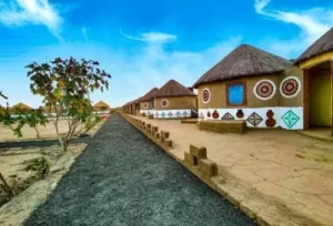 Traditional circular mud houses known as Bhungas in Hodka village, featured on the 7 Days Gujarat Itinerary.