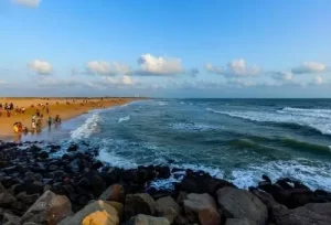 The serene coastal shores of Dwarka Beach, a picturesque coastal attraction featured on the 8 Days Best of Gujarat Tour.