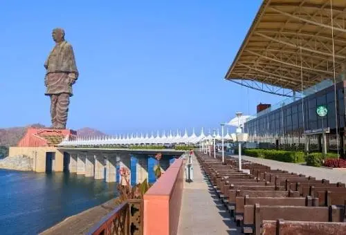 The majestic Statue of Unity towering over the Narmada River in Kevadia, the most popular day trip destination from Vadodara.