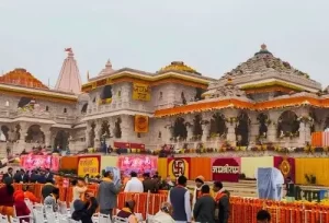 The beautifully carved sandstone architecture and vibrant decorations of the newly built Shri Ram Janmabhoomi Temple, explored during a same-day Ayodhya spiritual pilgrimage from Varanasi.